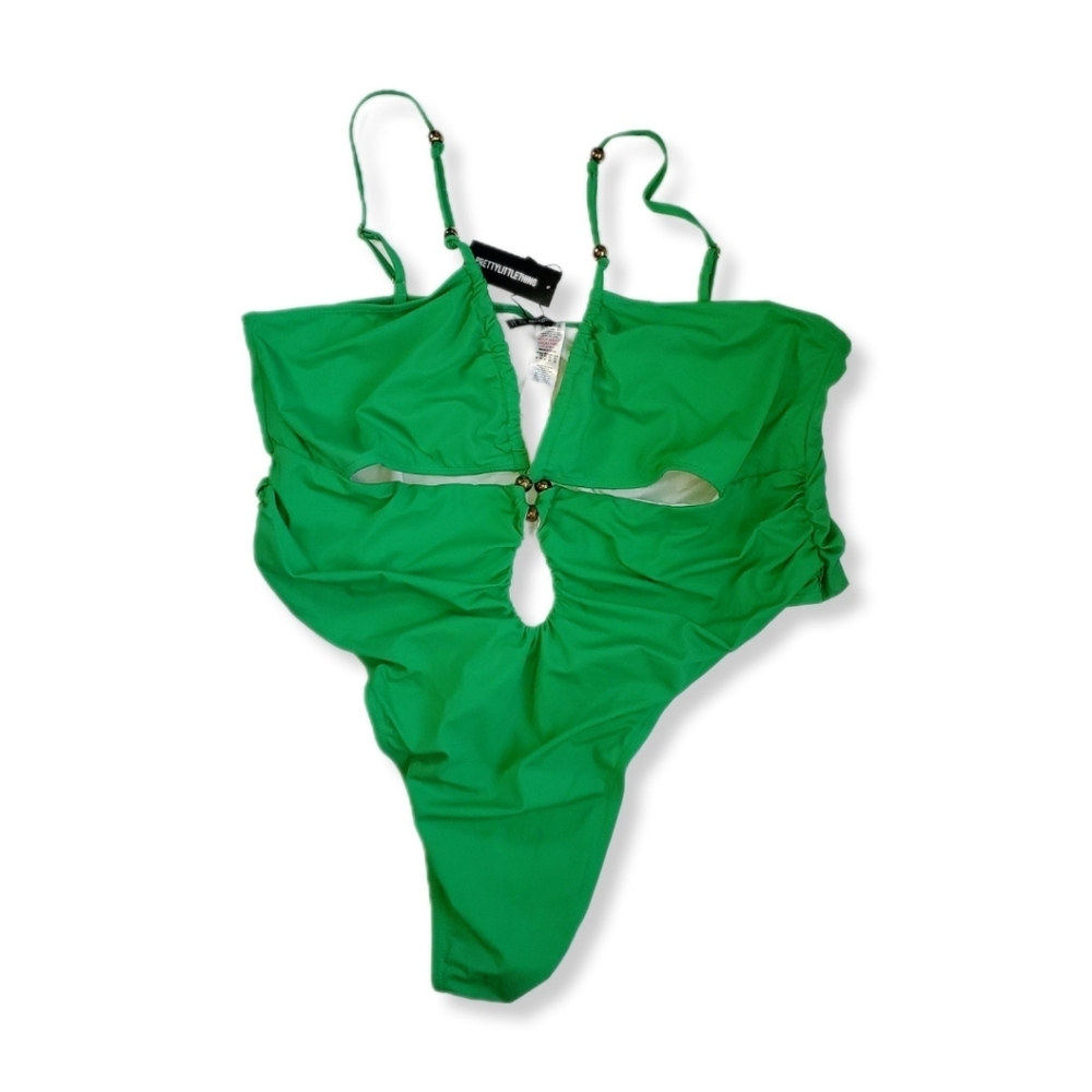 PrettyLittleThing Green Cut Out Bead Detail One Piece Swimsuit Sz 24
